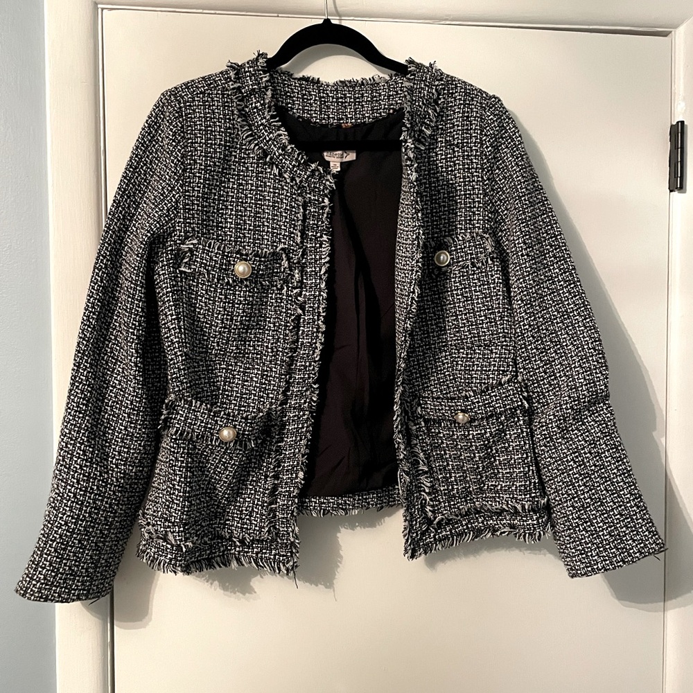 Black and white tweed blazer with gold buttons